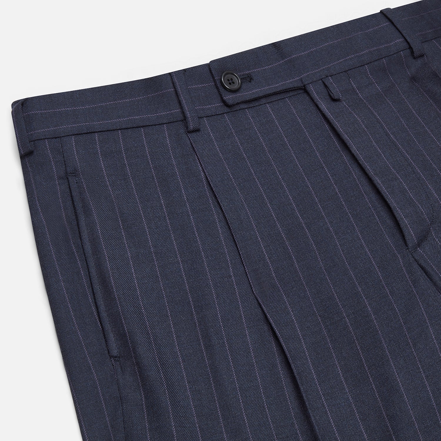 View 2 of product The Navy Pinstripe Arthur Trousers by Turnbull & Asser feature white vertical stripes, front pleats, a button closure, belt loops, and straight legs—adding modern menswear style to your wardrobe. Shown on a plain white background.
