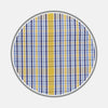 View 1 of product A close-up of Turnbull & Asser's Yellow & Blue Check Cotton Fabric shows its plaid pattern, with intersecting lines in yellow, blue, white, and light brown, displayed in a circular frame on a plain white background.