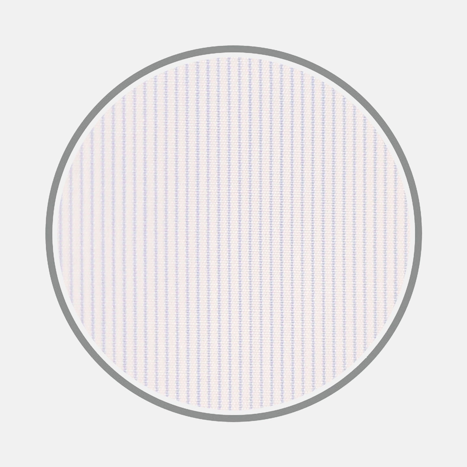 View 1 of product Close-up of Turnbull & Asser Light Blue Hairline Stripe Cotton Fabric featuring fine, evenly spaced vertical blue stripes on a white background, displayed in a gray circular frame.