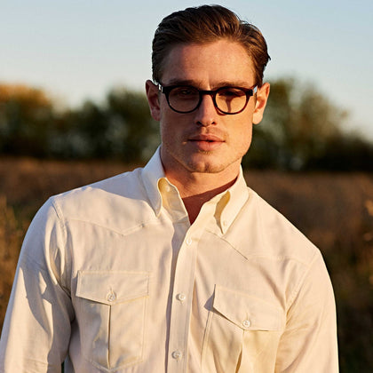 Weekend Fit Cream Herringbone Western Shirt with Norfolk Collar and Button Cuffs