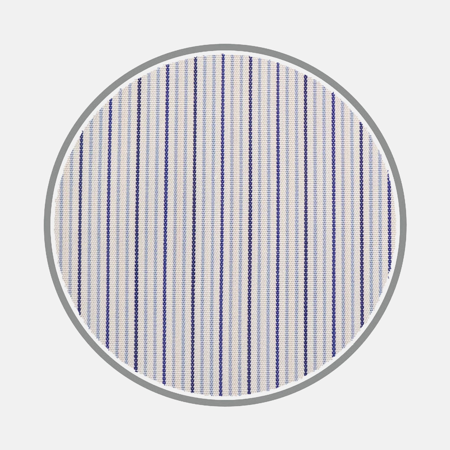View 2 of product A circular swatch of Turnbull & Asser’s Navy and Light Blue Fine Stripe Silverline Cotton Fabric is shown, featuring thin vertical blue stripes on white and bordered with gray, set against a plain white background.