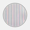 View 1 of product A circular swatch of Turnbull & Asser’s Navy and Pink Fine Stripe Silverline Cotton Fabric features vertical navy and pink stripes on a white background with a gray border.