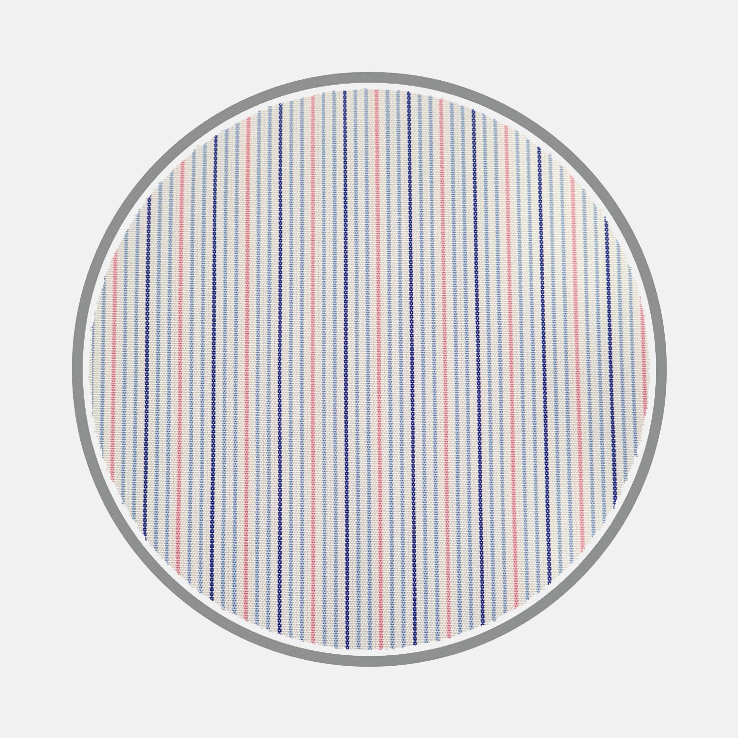 View 1 of product A circular swatch of Turnbull & Asser’s Navy and Pink Fine Stripe Silverline Cotton Fabric features vertical navy and pink stripes on a white background with a gray border.