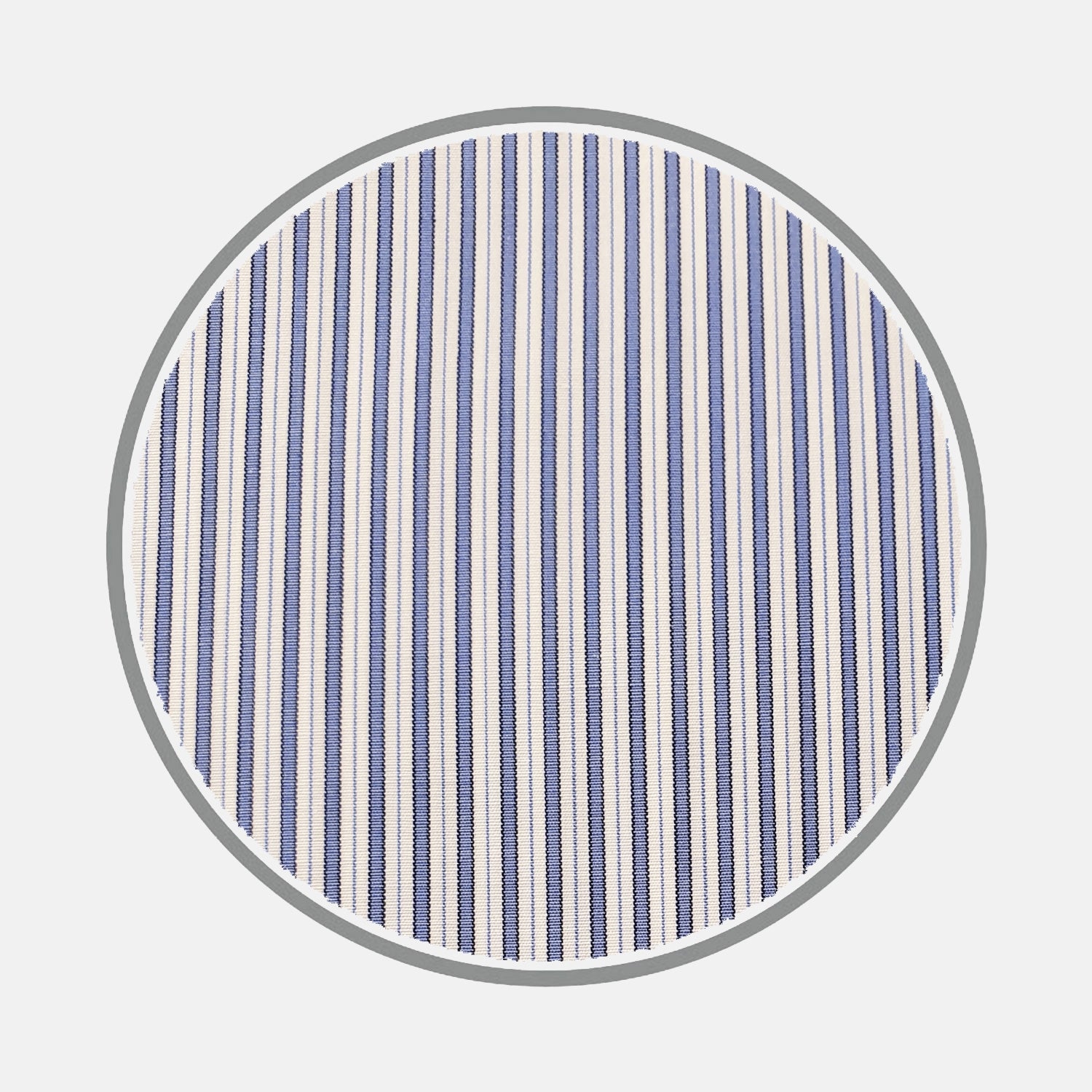 View 1 of product A circular swatch of Turnbull & Asser’s Blue Multi Stripe Silverline Cotton Fabric, featuring vertical blue and white stripes and a gray border, displayed on a plain white background.