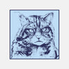 View 1 of product The Turnbull & Asser DANIEL PERKIN BLUE WILDCAT POCKET SQUARE features a blue-toned sketch of a tabby cat’s face with vivid eyes and fine fur detail on a pale blue background, finished with “DANISL” in the lower right corner.