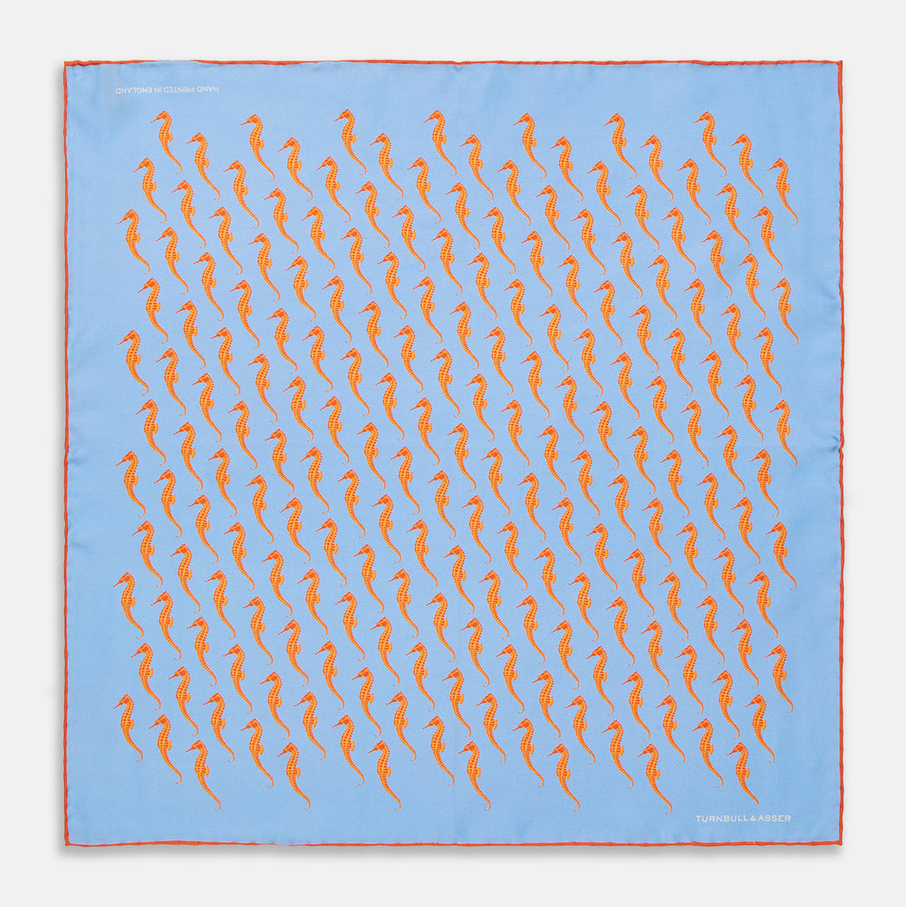 Orange & Blue Seahorse Silk Pocket Square