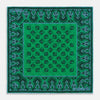 View 1 of product The Green & Blue Double-Faced Paisley Silk Bandana Pocket Square by Turnbull & Asser features a detailed paisley and geometric print with brand accents at the corners.
