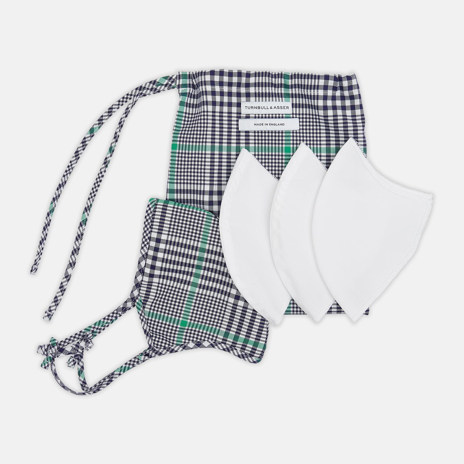 View 6 of product The Turnbull & Asser Exclusive Navy & Green Archive Check Superfine Cotton Commuter Mask features adjustable ear loops with bows and comes with 3 Viroformula™ filters.