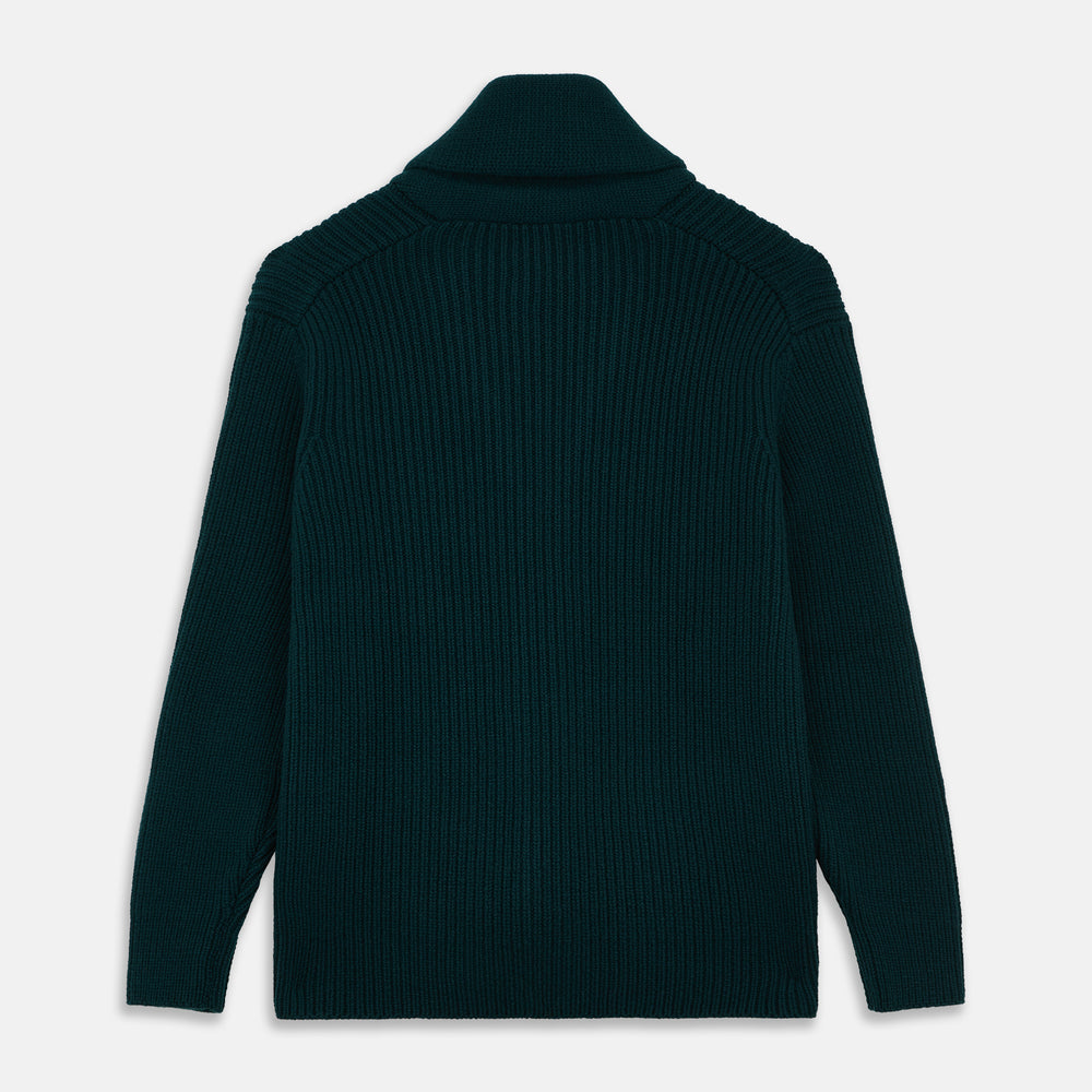 The Turnbull & Asser Ainsley Ribbed Shawl Neck Cardigan in holly green features a button-down front and two patch pockets, shown laid flat on a white background.