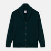 View 1 of product The Turnbull & Asser Ainsley Ribbed Shawl Neck Cardigan in holly green features a button-down front and two patch pockets, shown laid flat on a white background.