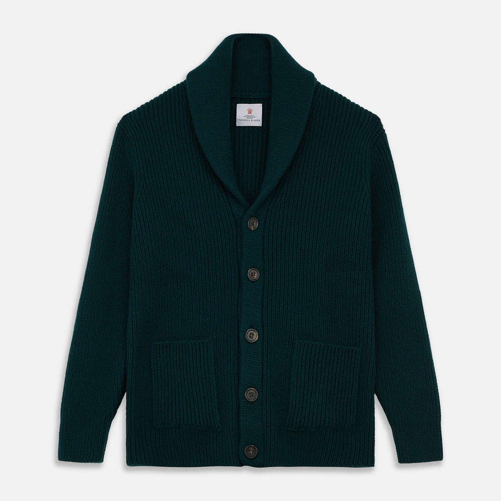 The Turnbull & Asser Ainsley Ribbed Shawl Neck Cardigan in holly green features a button-down front and two patch pockets, shown laid flat on a white background.