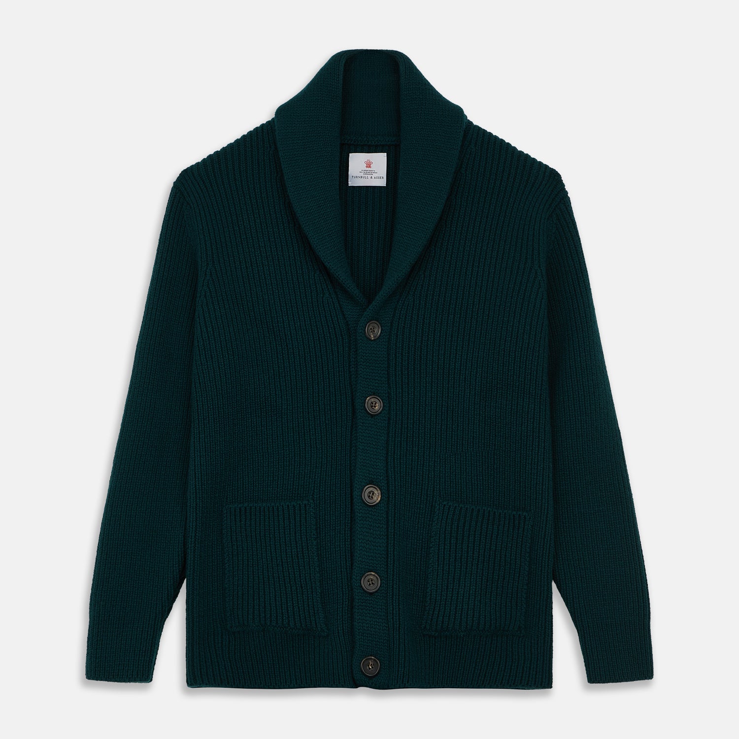 View 1 of product The Turnbull & Asser Ainsley Ribbed Shawl Neck Cardigan in holly green features a button-down front and two patch pockets, shown laid flat on a white background.