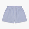 View 1 of product Turnbull & Asser's Blue and Pink Stripe Poplin Cotton Boxer Shorts feature an elastic waistband, loose fit, and thin pink and blue vertical stripes, shown here against a plain white background.