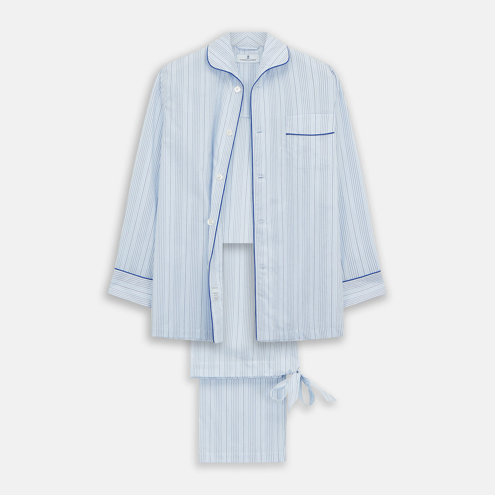 Blue and White Stripe Twill Cotton Pyjama Set