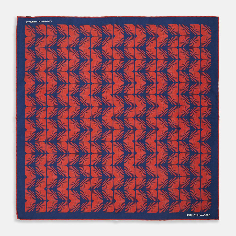 Navy Fan Motif Silk Pocket Square