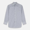 View 1 of product The Turnbull & Asser Navy Stripe Regular Fit Shirt features a T&A collar, square double cuffs, and thin vertical navy stripes on white.