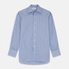 View 1 of product A neatly folded Turnbull & Asser Blue Stripe Regular Fit Shirt with T&A collar and square double cuffs, featuring long sleeves and thin white stripes on a light blue base, displayed on a plain white background.