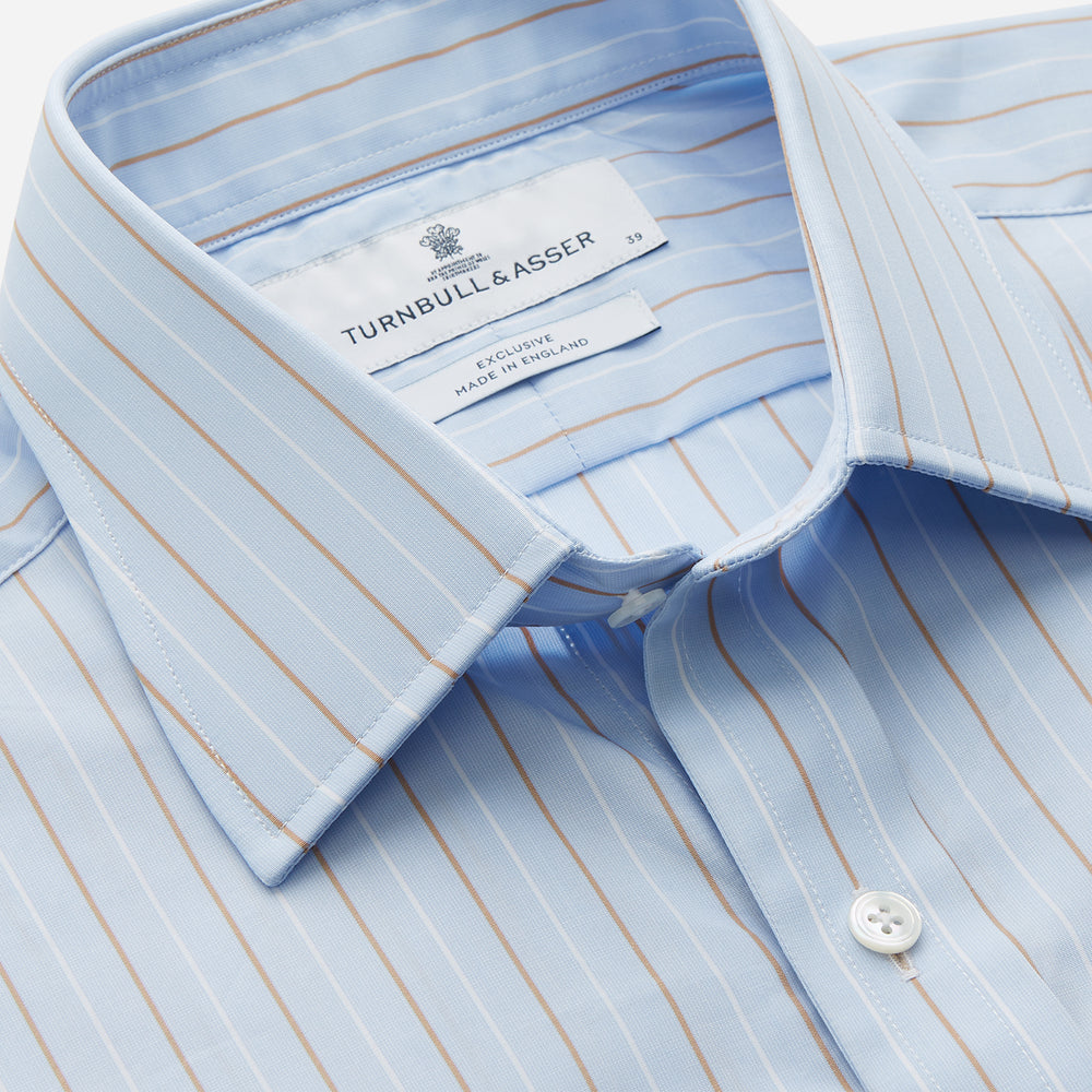 Turnbull & Asser Beige Stripe Regular Fit Shirt with T&A collar and double cuffs, featuring white buttons and laid flat on a white background.