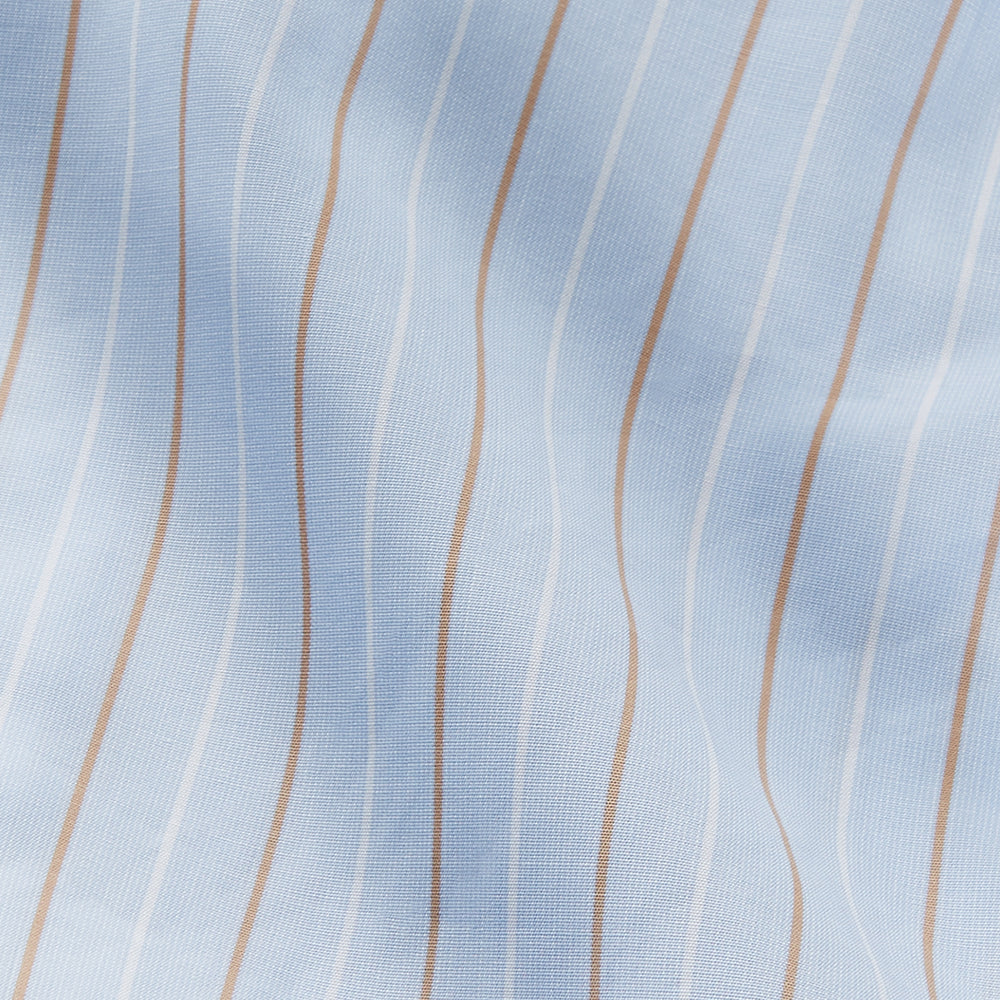 Turnbull & Asser Beige Stripe Regular Fit Shirt with T&A collar and double cuffs, featuring white buttons and laid flat on a white background.