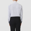 View 3 of product The Turnbull & Asser Navy Stripe Regular Fit Shirt features a T&A collar, square double cuffs, and thin vertical navy stripes on white.