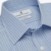 View 4 of product Turnbull & Asser’s Blue Stripe Shirt features thin vertical white stripes, a T&A collar, 3-button cuffs, white buttons, and a regular fit. Smart-casual style displayed flat on a white background.