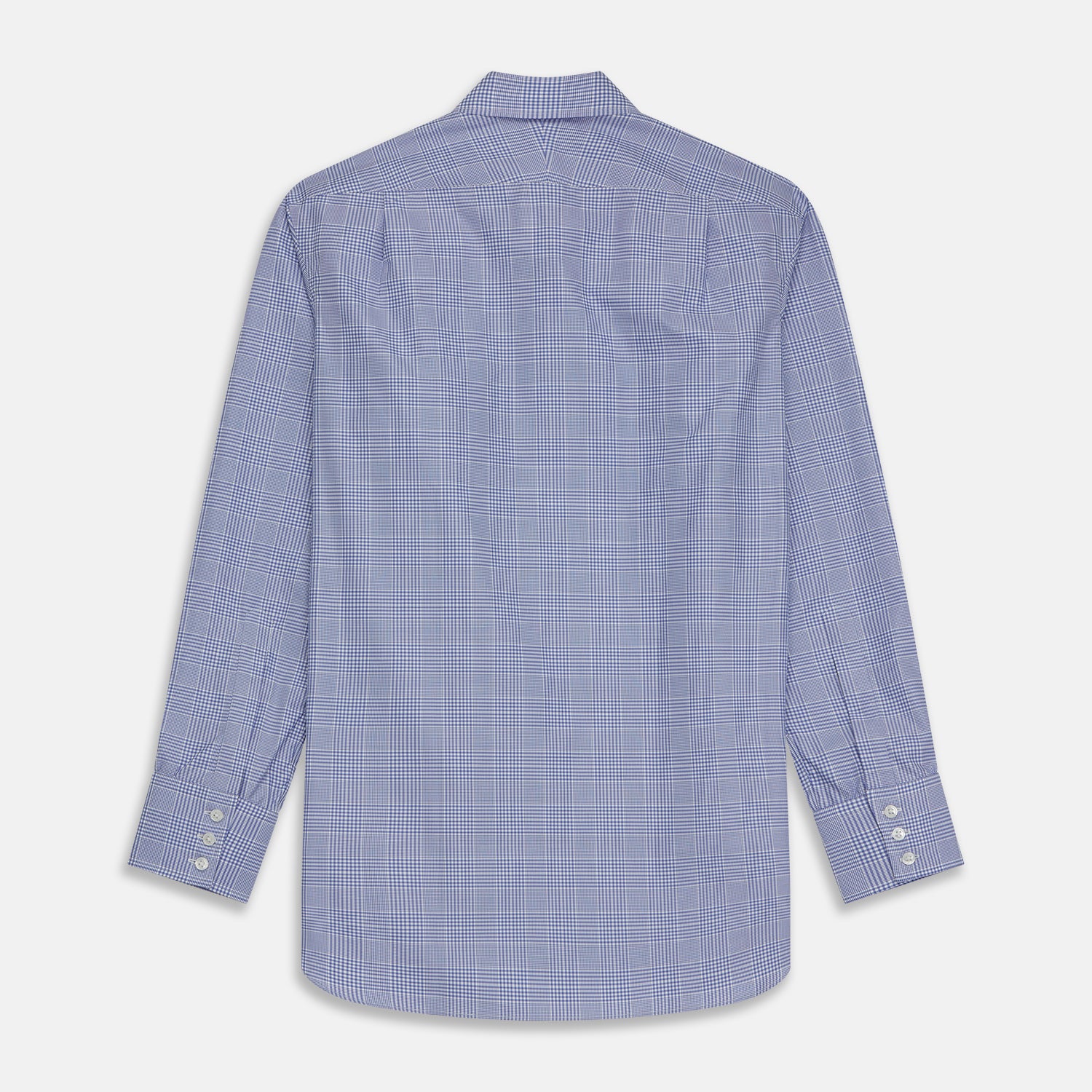 View 6 of product The Turnbull & Asser Blue Check Shirt features a T&A collar, 3-button cuffs, and a tonal blue check pattern in royal cotton twill. This long-sleeved, regular fit shirt is displayed on a white background.