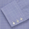 View 5 of product The Turnbull & Asser Blue Check Shirt features a T&A collar, 3-button cuffs, and a tonal blue check pattern in royal cotton twill. This long-sleeved, regular fit shirt is displayed on a white background.