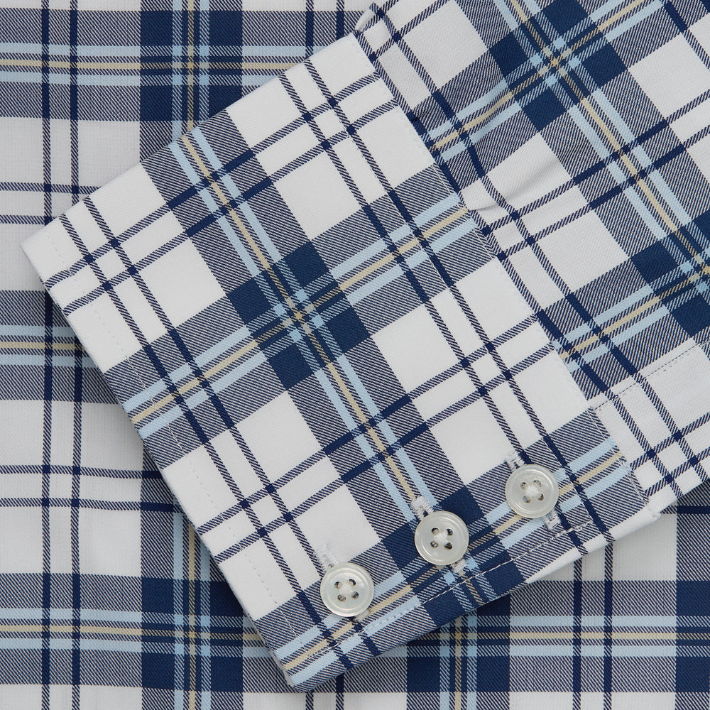 The Turnbull & Asser Blue Check Shirt features a T&A collar and 3-button cuffs, shown laid flat against a white background.