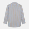 View 6 of product The Turnbull & Asser Blue and Brown Stripe Poplin Shirt features a T&A collar, three-button cuffs, and vertical blue, white, and tan stripes. This smart-casual shirt is displayed on a plain light background.