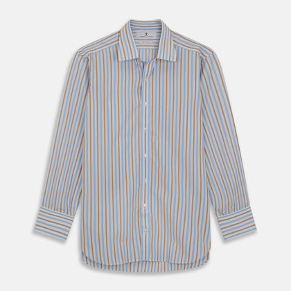 Blue and Brown Stripe Poplin Shirt with T&A Collar and Three-Button Cuffs