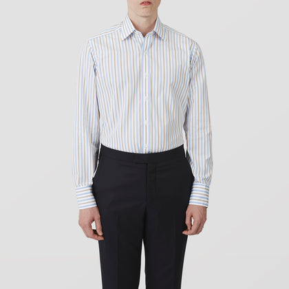Blue and Brown Stripe Poplin Shirt with T&A Collar and Three-Button Cuffs