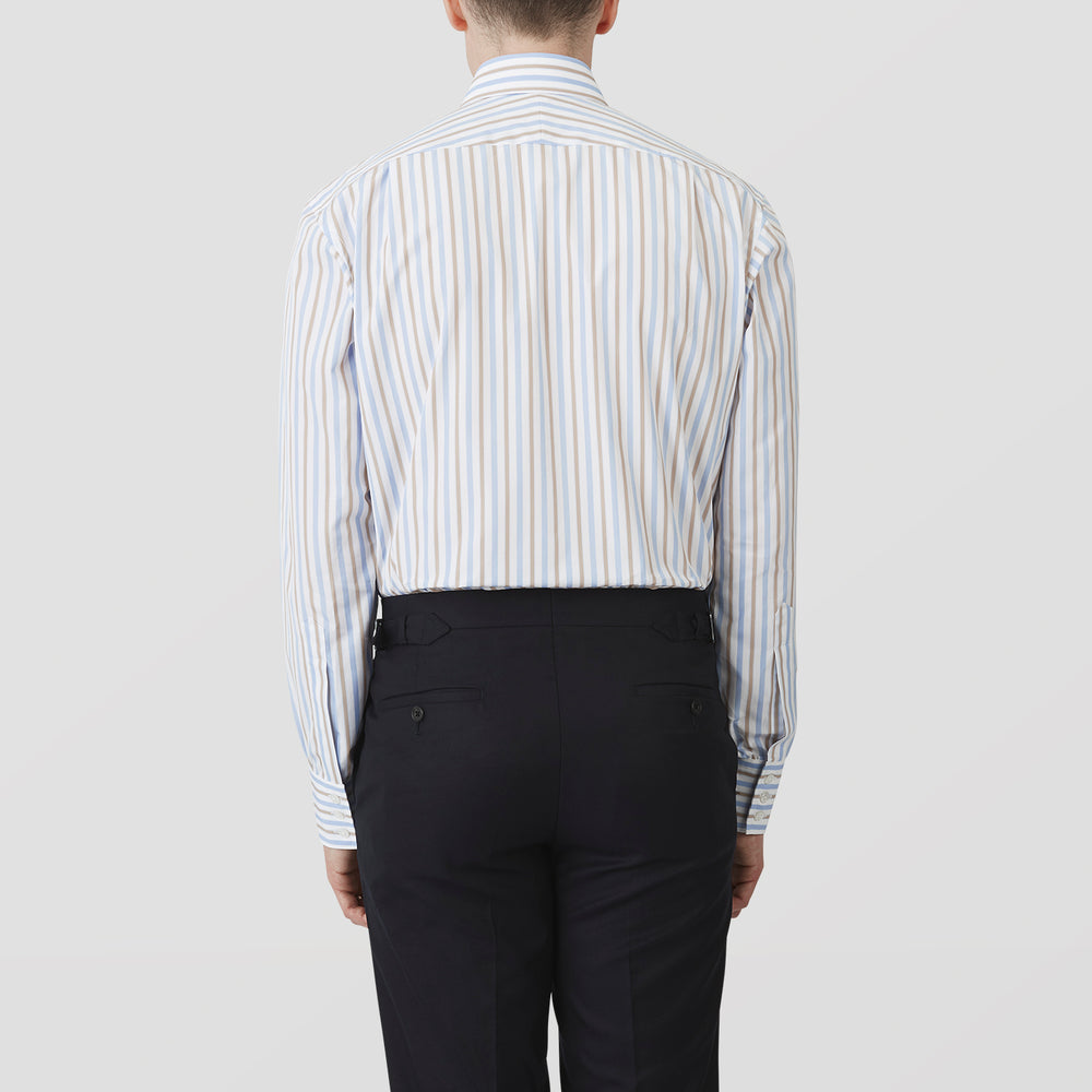 The Turnbull & Asser Blue and Brown Stripe Poplin Shirt features a T&A collar, three-button cuffs, and vertical blue, white, and tan stripes. This smart-casual shirt is displayed on a plain light background.