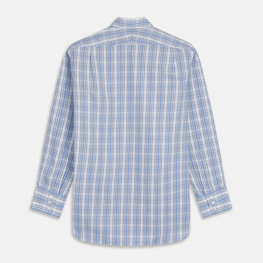 The Turnbull & Asser Tonal Blue Check Regular Fit Shirt with T&A collar and 3-button cuffs is displayed flat on a white background, highlighting its blue and white plaid pattern and long sleeves.