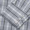 View 3 of product The Tonal Green Check Regular Fit Shirt by Turnbull & Asser features a T&A collar, 3-button cuffs, and a blue and white plaid pattern, crafted from Italian cotton poplin. Displayed on a white background.
