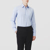 View 2 of product Turnbull & Asser’s Blue Stripe Shirt features thin vertical white stripes, a T&A collar, 3-button cuffs, white buttons, and a regular fit. Smart-casual style displayed flat on a white background.