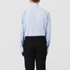 View 3 of product Turnbull & Asser’s Blue Stripe Shirt features thin vertical white stripes, a T&A collar, 3-button cuffs, white buttons, and a regular fit. Smart-casual style displayed flat on a white background.