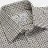 View 2 of product The Turnbull & Asser Blue Multi Check Cotton-Cashmere Shirt features a T&A collar, 3-button cuffs, and white buttons. Its smart-casual design showcases light blue, green, and beige checks on a white background.