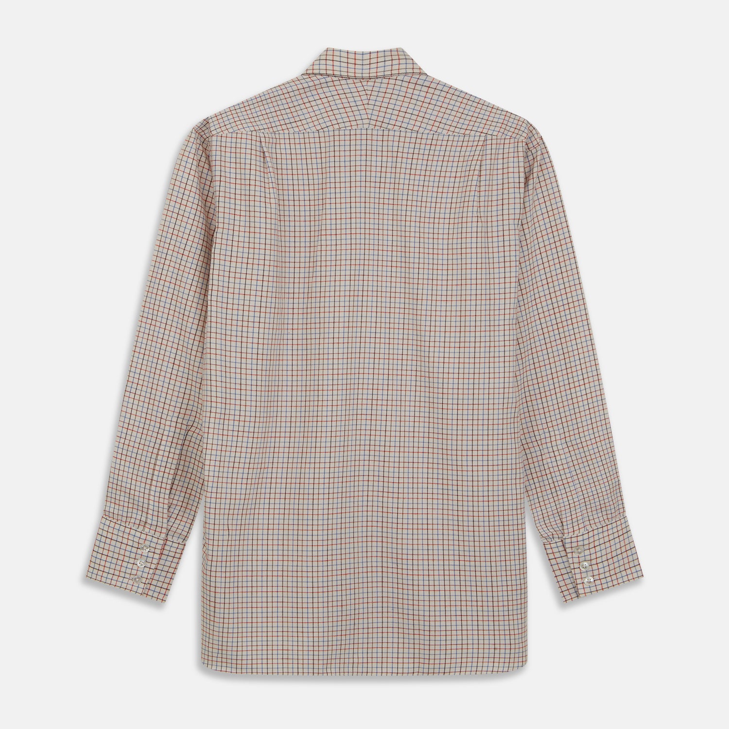 View 4 of product The Pink Multi Check Cotton-Cashmere Shirt by Turnbull & Asser features a T&A collar, 3-button cuffs, and a soft blend fabric in brown, beige, blue, and subtle pink checks—ideal for smart-casual style.