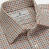 View 2 of product The Pink Multi Check Cotton-Cashmere Shirt by Turnbull & Asser features a T&A collar, 3-button cuffs, and a soft blend fabric in brown, beige, blue, and subtle pink checks—ideal for smart-casual style.