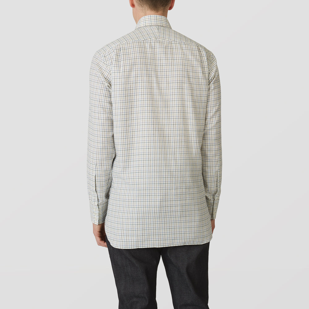 The Turnbull & Asser Green Multi Check Cotton-Cashmere Shirt features a T&A collar, 3-button cuffs, and a tonal green, beige, and blue check pattern. Shown flat against a white background.