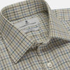 View 4 of product The Turnbull & Asser Green Multi Check Cotton-Cashmere Shirt features a T&A collar, 3-button cuffs, and a tonal green, beige, and blue check pattern. Shown flat against a white background.