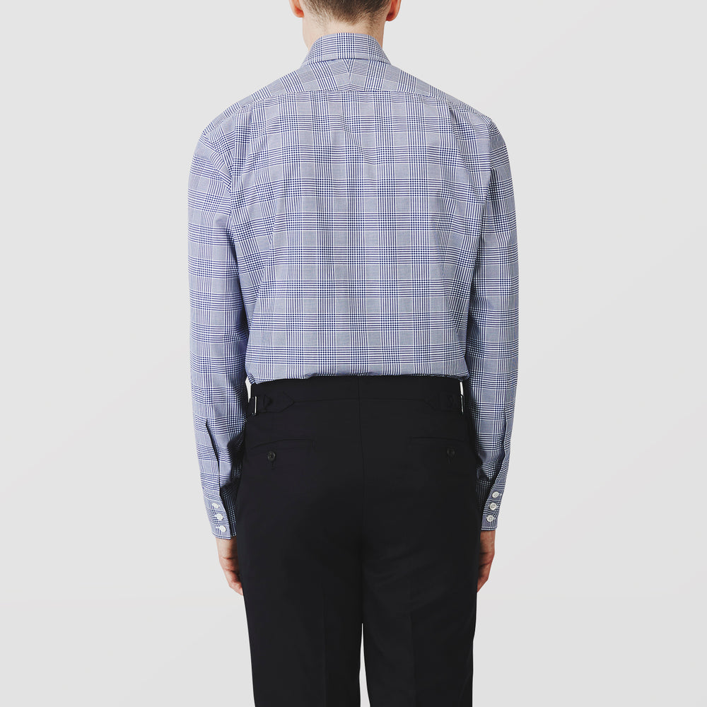 The Turnbull & Asser Navy Check Shirt, featuring a T&A collar and 3-button cuffs, is displayed on a white background.
