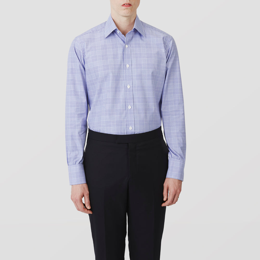 The Turnbull & Asser Blue Check Shirt features a T&A collar, 3-button cuffs, and a tonal blue check pattern in royal cotton twill. This long-sleeved, regular fit shirt is displayed on a white background.