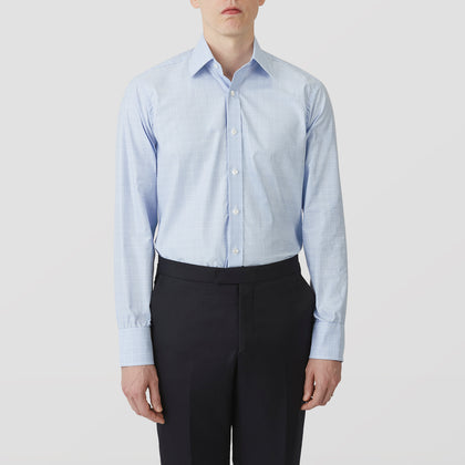 Pale Blue Check Shirt with T&A Collar and 3-Button Cuffs