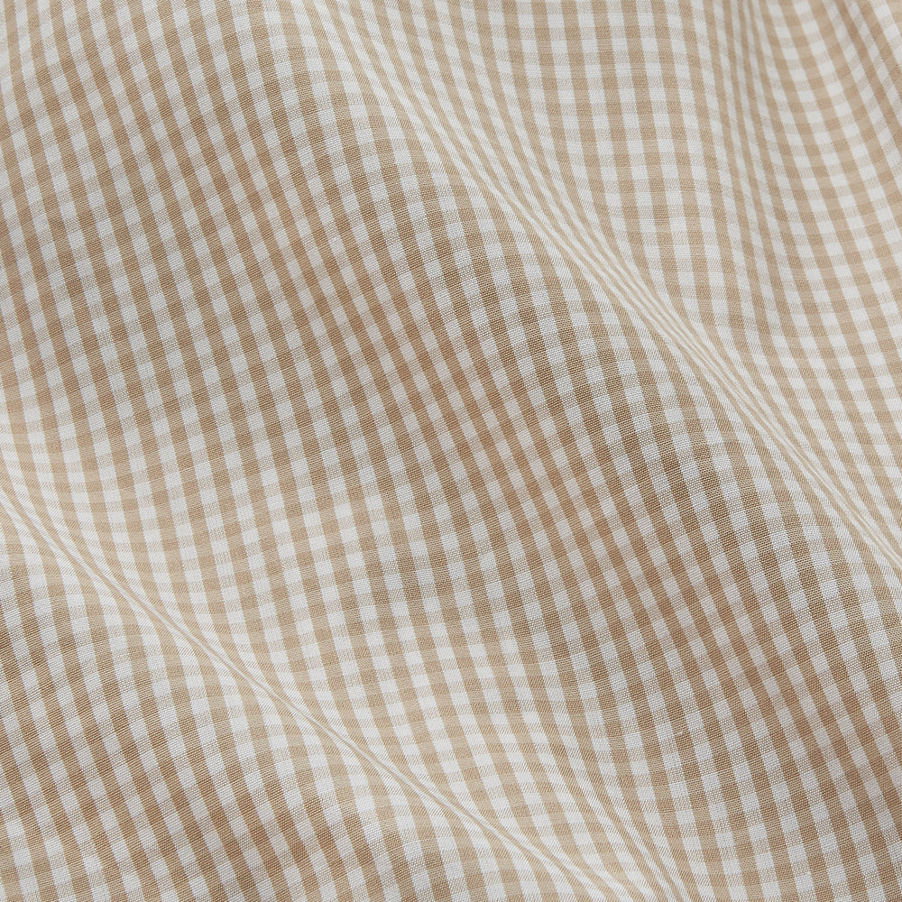 The Sand Gingham Check Regular Fit Shirt by Turnbull & Asser features a T&A collar, 3-button cuffs, and a sand gingham check pattern on white.