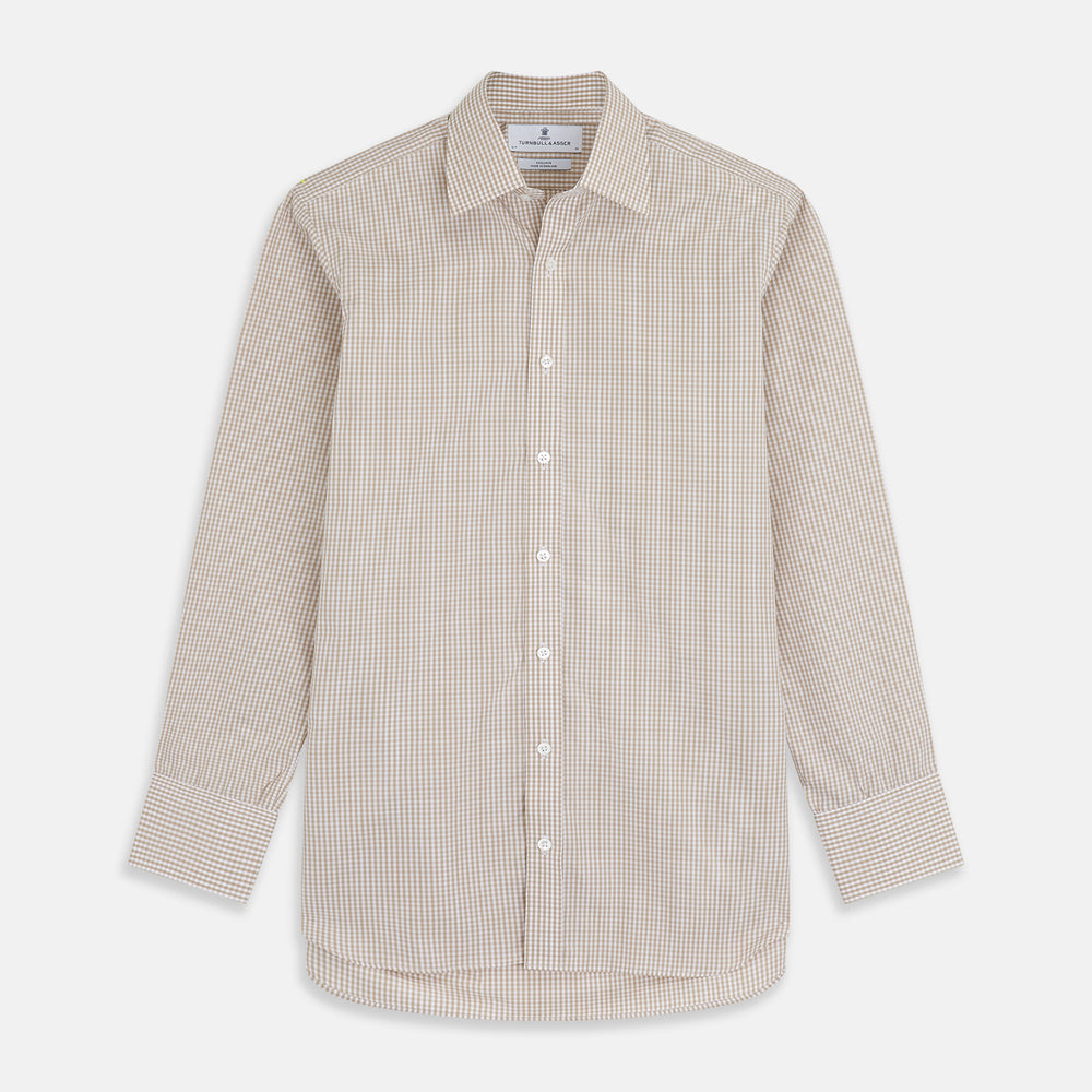 The Sand Gingham Check Regular Fit Shirt by Turnbull & Asser features a T&A collar, 3-button cuffs, and a sand gingham check pattern on white.
