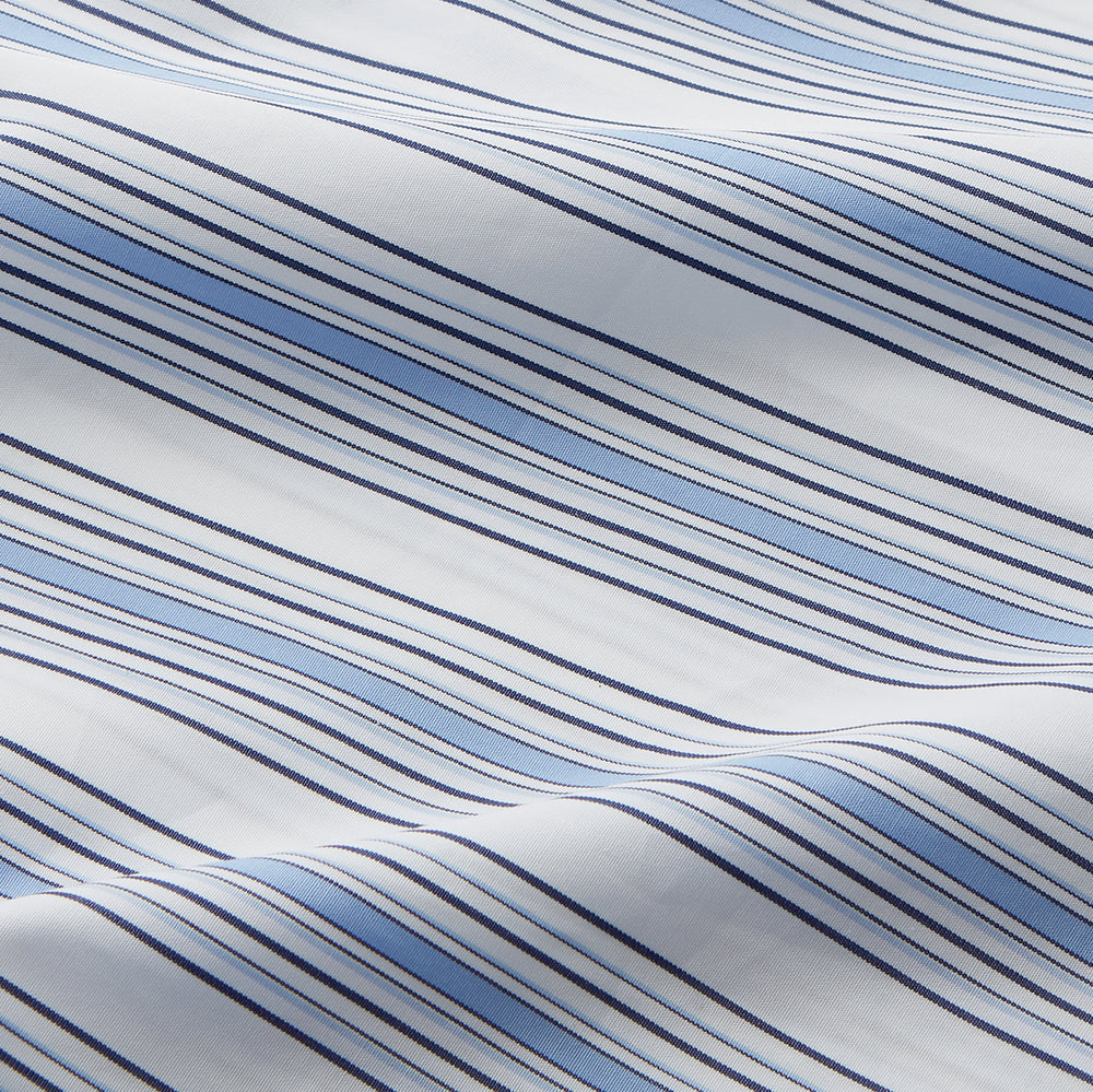 The Turnbull & Asser Blue Multi Stripe Regular Fit Shirt features a classic T&A collar, long sleeves, button-down front, and 3 button cuffs. Shown laid flat against a white background.