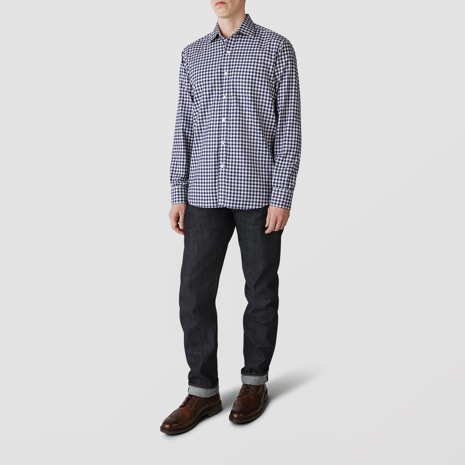 Blue Check Weekend Fit Shirt with Derby Collar and 1-Button Cuffs