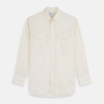 Cream Herringbone Fine Cotton Weekend Officer Fit Shirt with Dorset Collar
