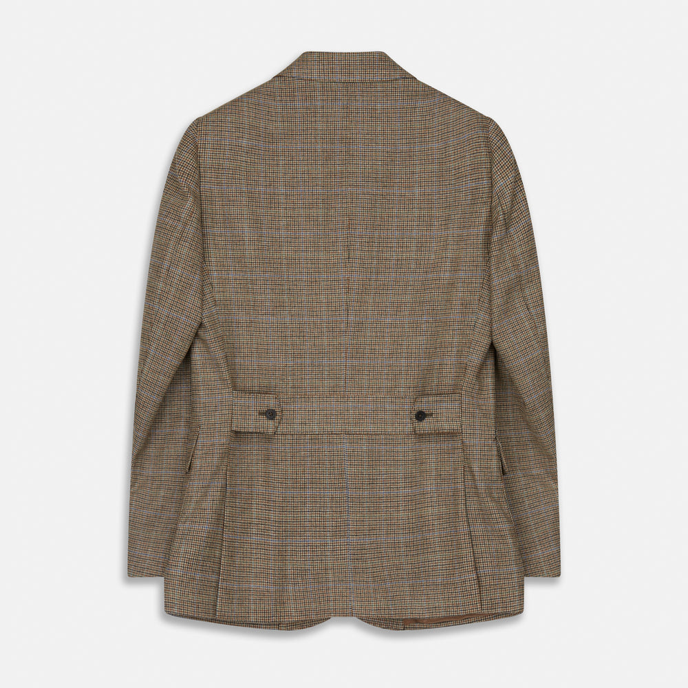 The Byron Wool Check Travel Jacket by Turnbull & Asser features a brown plaid pattern, notched lapel, four flap utility pockets, and dark buttons. This lightweight wool jacket is shown on a plain white background.